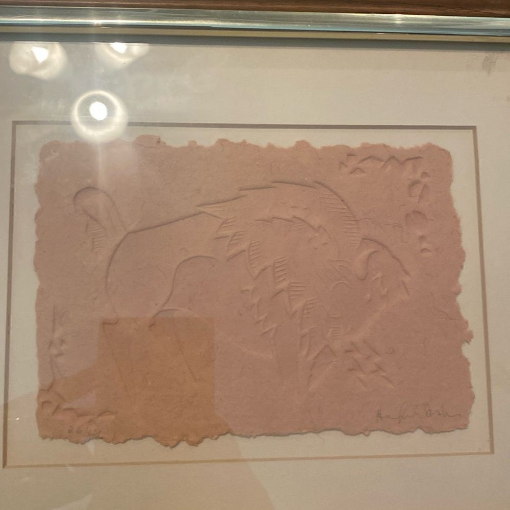 Original Framed Vintage Bison in Nature Embossed Paper Artwork, Signed by Artist